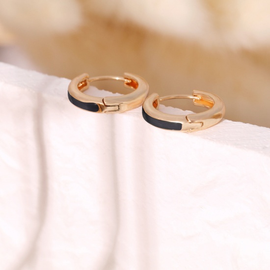 Immagine di 2 Pz Ecologico Elegante Squisito 18K Vero Oro Placcato Nero Ottone Smalto Orecchini Circolari Per Donne Regalo 16mm x 15mm, Posta / Filo Dimensione: 0.8mm(20 misura)