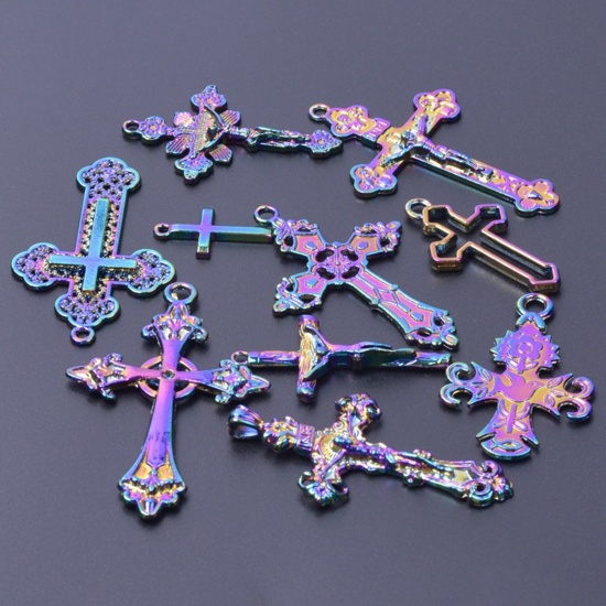 Picture of Zinc Based Alloy Religious Charms Rainbow Color Plated Cross 1 Set ( 10 PCs/Set)