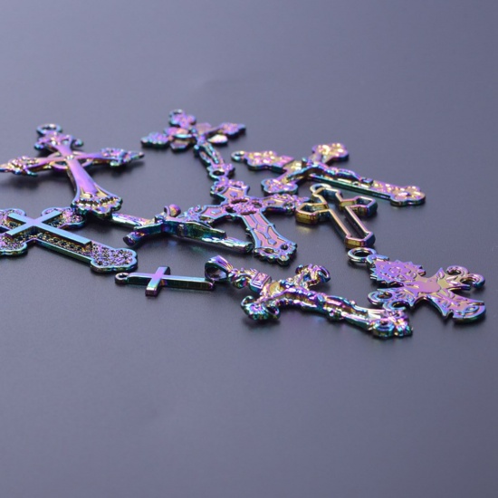Picture of Zinc Based Alloy Religious Charms Rainbow Color Plated Cross 1 Set ( 10 PCs/Set)