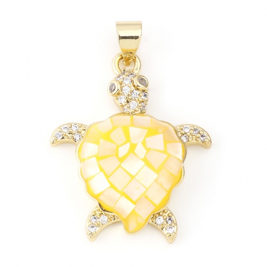 Image de 1 Pièce Pendentifs Bijoux d'Océan en Coquille Naturelle & Laiton Couleur Or 18K Jaune Tortue de Mer 3D à Zircone Cubique Clair 3.1cm x 2.1cm