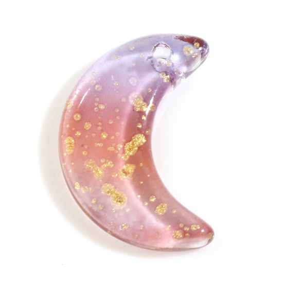 Picture of Glass Galaxy Charms Half Moon Orange Glitter Gradient Color 16mm x 11mm, 30 PCs
