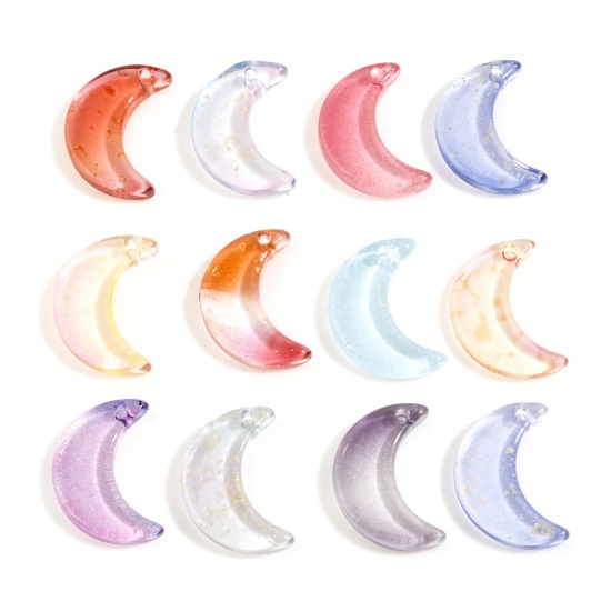 Picture of Glass Galaxy Charms Half Moon At Random Color Mixed Glitter Gradient Color 16mm x 11mm, 30 PCs