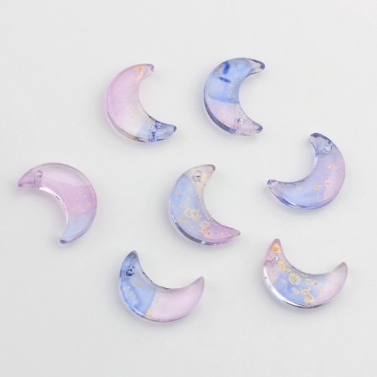 Picture of Glass Galaxy Charms Half Moon Blue Violet Glitter Gradient Color 16mm x 11mm, 30 PCs