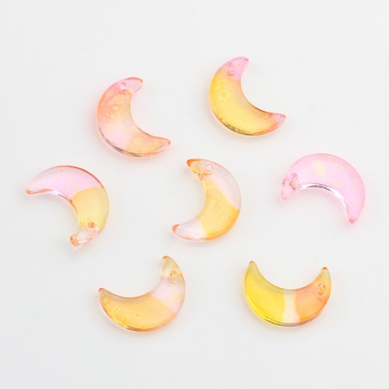 Picture of Glass Galaxy Charms Half Moon Yellow Glitter Gradient Color 16mm x 11mm, 30 PCs