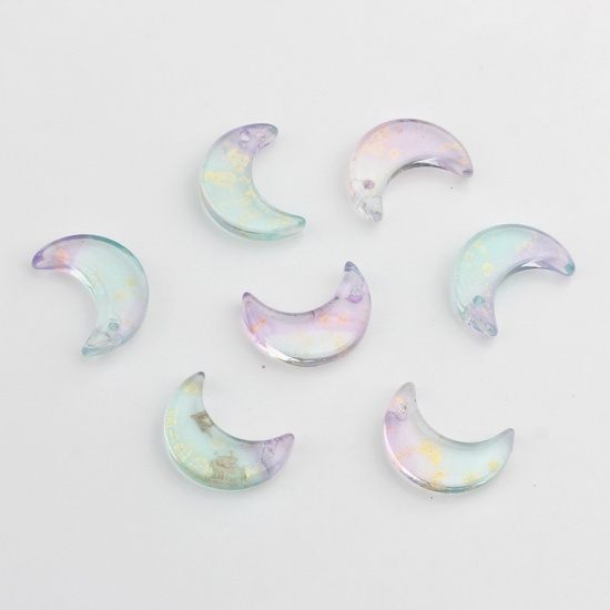 Picture of Glass Galaxy Charms Half Moon Purple Glitter Gradient Color 16mm x 11mm, 30 PCs