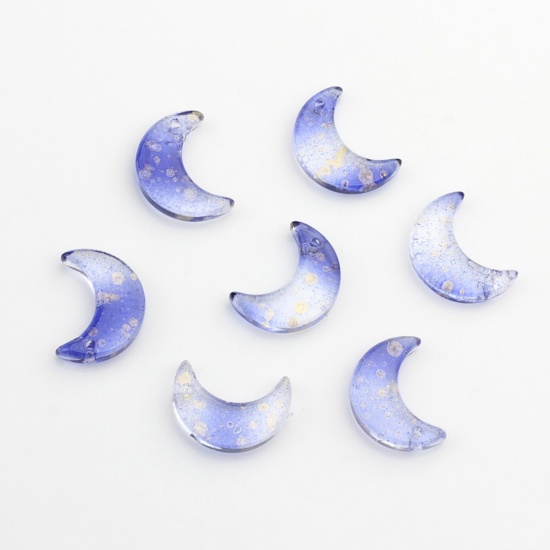 Picture of Glass Galaxy Charms Half Moon Dark Blue Glitter Gradient Color 16mm x 11mm, 30 PCs
