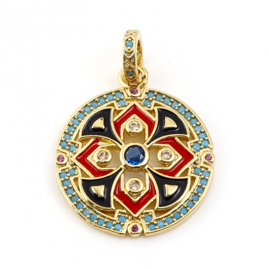 Picture of Brass Micro Pave Charms 14K Gold Color Black & Red Round Enamel Multicolour Cubic Zirconia 29mm x 1 Piece                                                                                                                                                     
