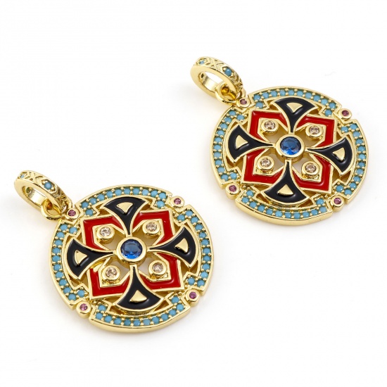 Picture of Brass Micro Pave Charms 14K Gold Color Black & Red Round Enamel Multicolour Cubic Zirconia 29mm x 1 Piece                                                                                                                                                     