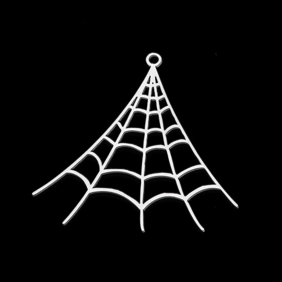 Bild von Edelstahl Anhänger Halloween Spinnennetz Silberfarbe Hohl 36mm x 33mm, 5 Stück