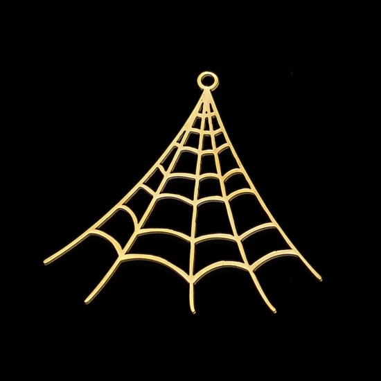 Bild von Edelstahl Anhänger Halloween Spinnennetz Vergoldet Hohl 36mm x 33mm, 5 Stück