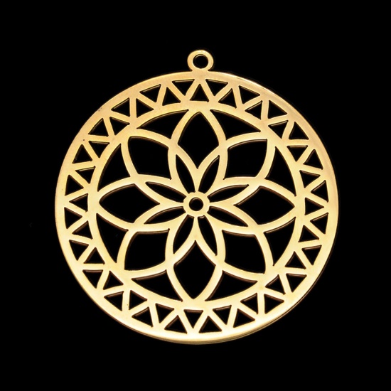 Picture of Stainless Steel Religious Pendants Gold Plated Round Lotus Flower Hollow 35mm x 32mm, 5 PCs