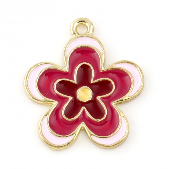 Picture of Zinc Based Alloy Charms Gold Plated Fuchsia Flower Enamel 23mm x 20mm, 10 PCs