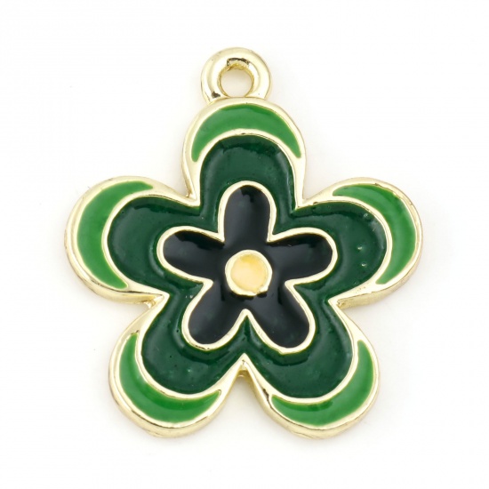 Picture of Zinc Based Alloy Charms Gold Plated Green Flower Enamel 23mm x 20mm, 10 PCs