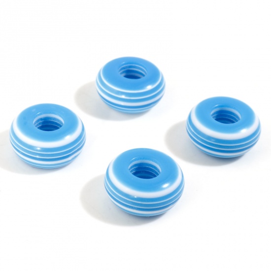 Picture of Resin European Style Large Hole Charm Beads Blue Round Stripe 14mm Dia., Hole: Approx 5.4mm, 50 PCs