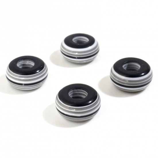 Picture of Resin European Style Large Hole Charm Beads Black Round Stripe 14mm Dia., Hole: Approx 5.4mm, 50 PCs