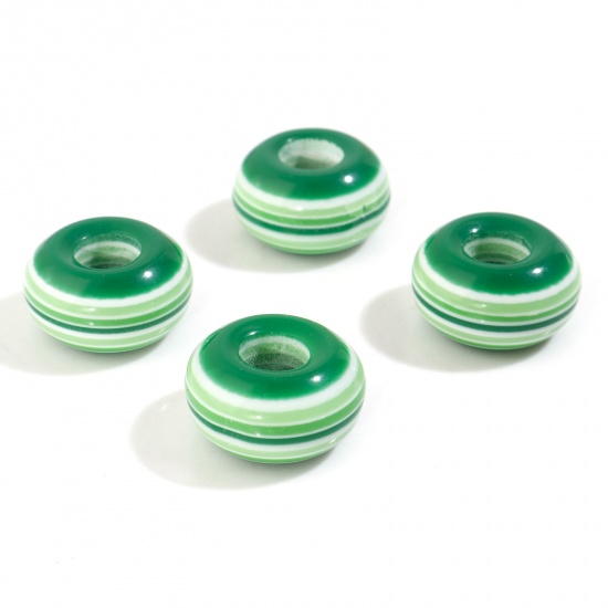 Picture of Resin European Style Large Hole Charm Beads Green Round Stripe 14mm Dia., Hole: Approx 5.4mm, 50 PCs