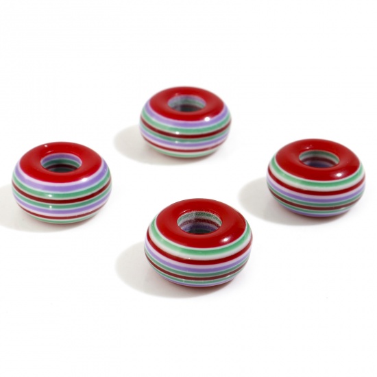 Picture of Resin European Style Large Hole Charm Beads Wine Red Round Stripe 14mm Dia., Hole: Approx 5.4mm, 50 PCs