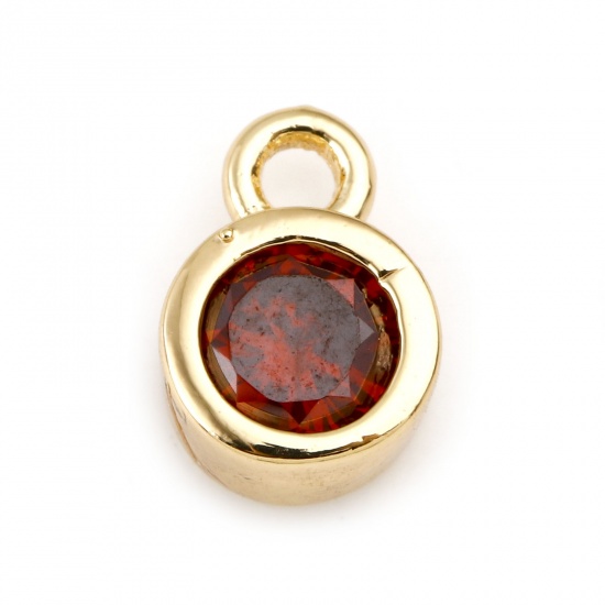 Picture of January Brass Birthstone Charms Round Real Gold Plated Wine Red Cubic Zirconia 8mm x 5mm, 3 PCs                                                                                                                                                               