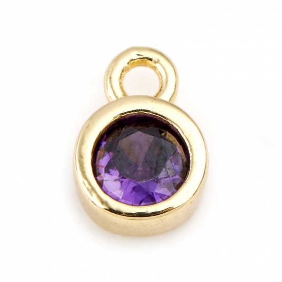 Picture of February Brass Birthstone Charms Round Real Gold Plated Purple Cubic Zirconia 8mm x 5mm, 3 PCs                                                                                                                                                                