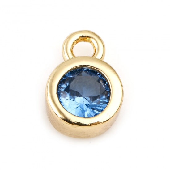 Picture of March Brass Birthstone Charms Round Real Gold Plated Aqua Blue Cubic Zirconia 8mm x 5mm, 3 PCs                                                                                                                                                                