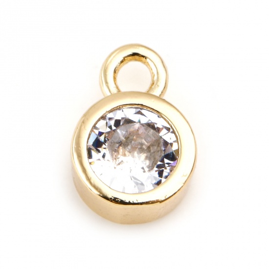 Picture of April Brass Birthstone Charms Round Real Gold Plated Clear Cubic Zirconia 8mm x 5mm, 3 PCs                                                                                                                                                                    