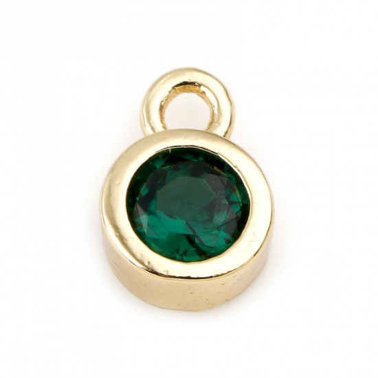 Picture of May Brass Birthstone Charms Round Real Gold Plated Emerald Cubic Zirconia 8mm x 5mm, 3 PCs                                                                                                                                                                    