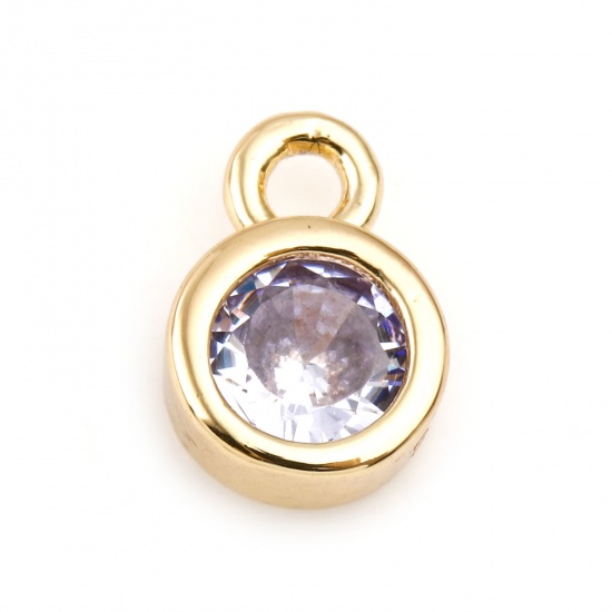 Picture of June Brass Birthstone Charms Round Real Gold Plated Clear Cubic Zirconia 8mm x 5mm, 3 PCs                                                                                                                                                                     