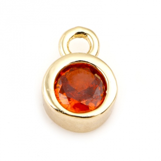 Picture of July Brass Birthstone Charms Round Real Gold Plated Red Cubic Zirconia 8mm x 5mm, 3 PCs                                                                                                                                                                       