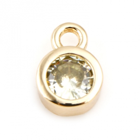 Picture of August Brass Birthstone Charms Round Real Gold Plated Yellow-green Cubic Zirconia 8mm x 5mm, 3 PCs                                                                                                                                                            