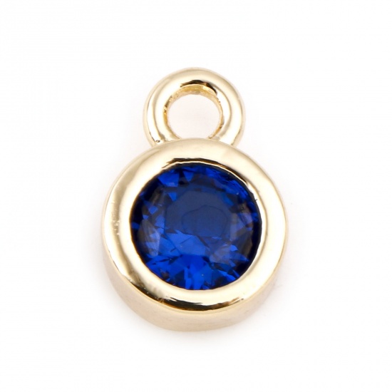 Picture of September Brass Birthstone Charms Round Real Gold Plated Royal Blue Cubic Zirconia 8mm x 5mm, 3 PCs                                                                                                                                                           