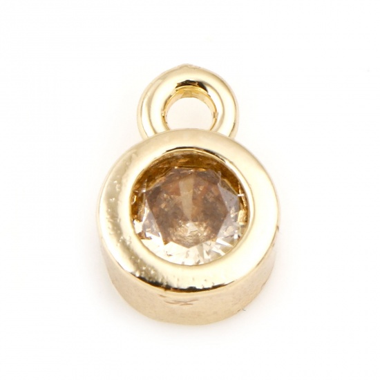 Picture of November Brass Birthstone Charms Round Real Gold Plated Yellow Cubic Zirconia 8mm x 5mm, 3 PCs                                                                                                                                                                