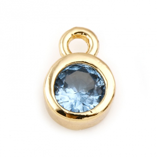 Picture of December Brass Birthstone Charms Round Real Gold Plated Light Blue Cubic Zirconia 8mm x 5mm, 3 PCs                                                                                                                                                            