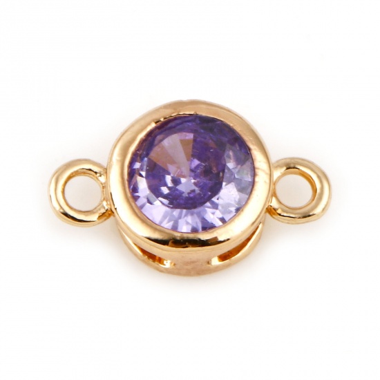 Picture of February Brass Birthstone Connectors Real Gold Plated Round Purple Cubic Zirconia 9mm x 5mm, 2 PCs