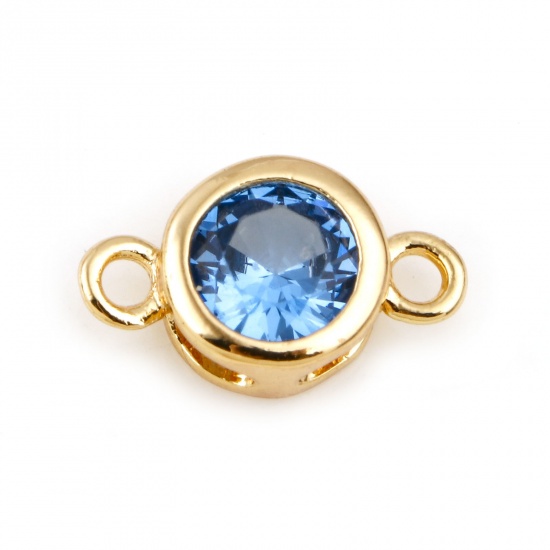 Picture of March Brass Birthstone Connectors Real Gold Plated Round Aqua Blue Cubic Zirconia 9mm x 5mm, 2 PCs