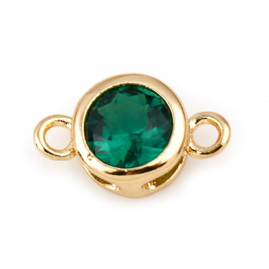 Picture of May Brass Birthstone Connectors Real Gold Plated Round Emerald Cubic Zirconia 9mm x 5mm, 2 PCs