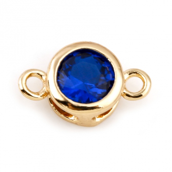 Picture of September Brass Birthstone Connectors Real Gold Plated Round Royal Blue Cubic Zirconia 9mm x 5mm, 2 PCs                                                                                                                                                       