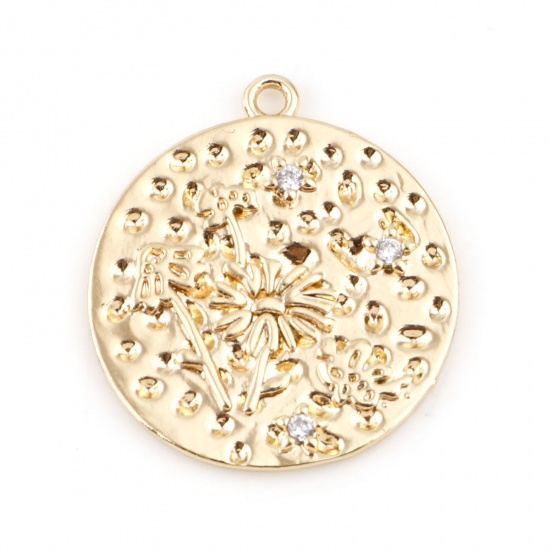 Immagine di Ottone Fiore del Mese di Nascita Charms Tondo Vero Oro Placcato Fiore Margherita Trasparente Cubic Zirconiae 22mm x 20mm, 2 Pz