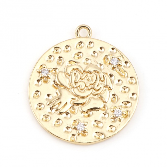 Immagine di Ottone Fiore del Mese di Nascita Charms Tondo Vero Oro Placcato Fiore di Peonia Trasparente Cubic Zirconiae 22mm x 20mm, 2 Pz