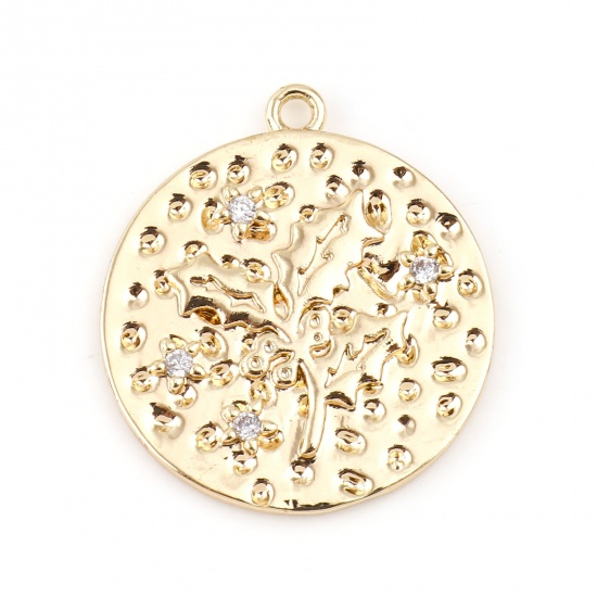 Immagine di Ottone Fiore del Mese di Nascita Charms Tondo Vero Oro Placcato Agrifoglio Natale Trasparente Cubic Zirconiae 22mm x 2 Pz