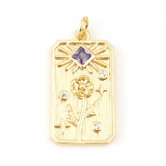 Immagine di Ottone Fiore del Mese di Nascita Charms Rettangolo Vero Oro Placcato Viola Viola Cubic Zirconiae 28mm x 13mm, 2 Pz