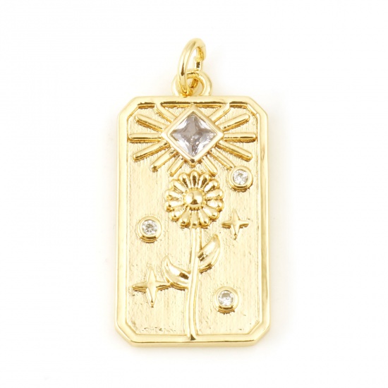 Immagine di Ottone Fiore del Mese di Nascita Charms Rettangolo Vero Oro Placcato Fiore Margherita Trasparente Cubic Zirconiae 28mm x 13mm, 2 Pz
