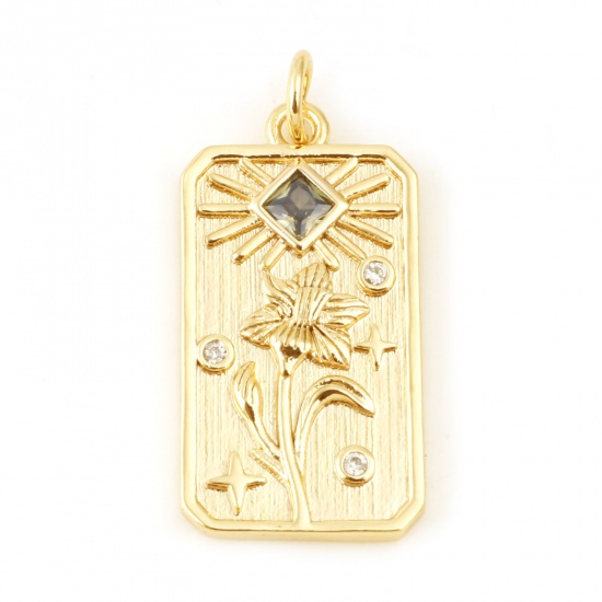 Immagine di Ottone Fiore del Mese di Nascita Charms Rettangolo Vero Oro Placcato Lavanda Verde Oliva Cubic Zirconiae 28mm x 13mm, 2 Pz