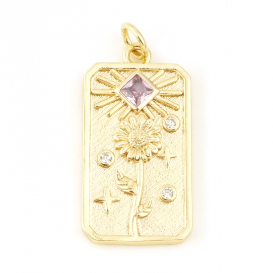 Immagine di Ottone Fiore del Mese di Nascita Charms Rettangolo Vero Oro Placcato Calendula Rosa Pallido Cubic Zirconiae 28mm x 13mm, 2 Pz