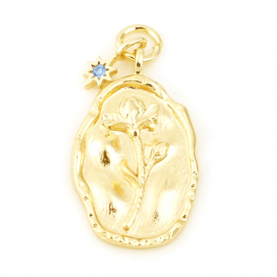 Picture of March Brass Birth Month Flower Charms Oval Real Gold Plated Cherry Blossom Sakura Flower Aqua Blue Cubic Zirconia 26mm x 13mm, 2 PCs