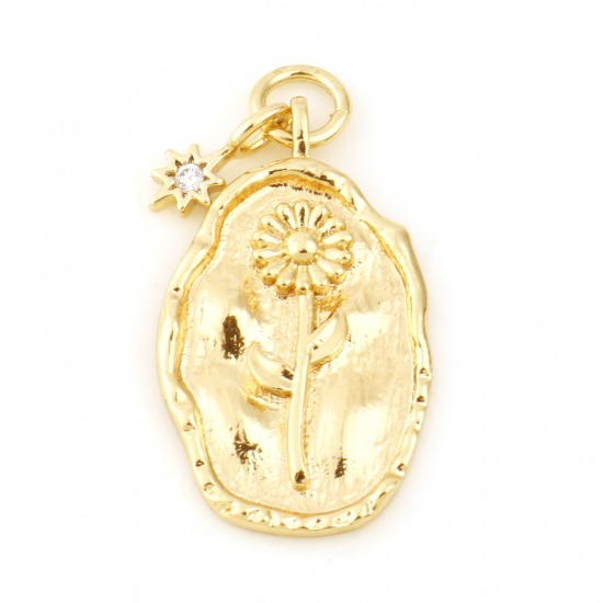 Picture of April Brass Birth Month Flower Charms Oval Real Gold Plated Daisy Flower Clear Cubic Zirconia 26mm x 13mm, 2 PCs