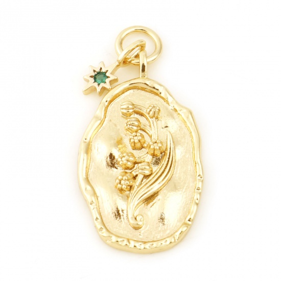 Picture of May Brass Birth Month Flower Charms Oval Real Gold Plated Lily of the Valley Flower Emerald Cubic Zirconia 26mm x 13mm, 2 PCs