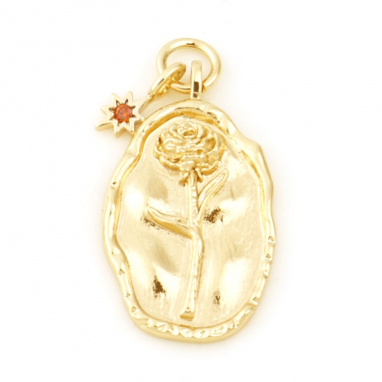 Picture of July Brass Birth Month Flower Charms Oval Real Gold Plated Lotus Flower Red Cubic Zirconia 26mm x 13mm, 2 PCs