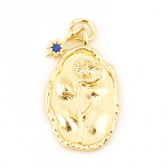 Picture of September Brass Birth Month Flower Charms Oval Real Gold Plated Peony Flower Royal Blue Cubic Zirconia 26mm x 13mm, 2 PCs