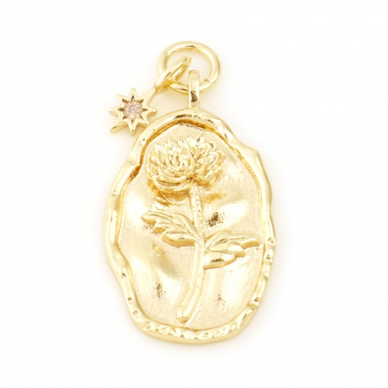 Picture of November Brass Birth Month Flower Charms Oval Real Gold Plated Chrysanthemum Flower Yellow Cubic Zirconia 26mm x 13mm, 2 PCs