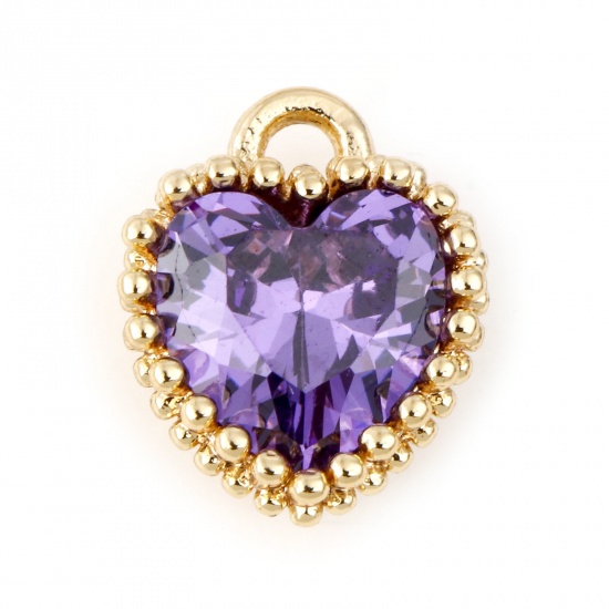 Picture of February Brass Birthstone Charms Heart Real Gold Plated Purple Cubic Zirconia 8mm x 6mm, 2 PCs                                                                                                                                                                